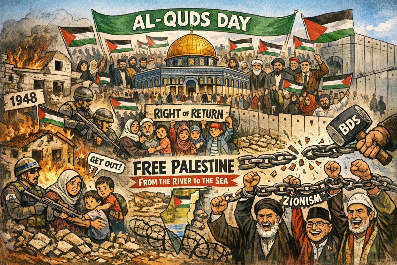 Hari Al-Quds menjadi simbol persatuan umat dunia untuk menentang kolonialisme dan menegakkan keadilan bagi Palestina. (Karikatur dibuat oleh AI).